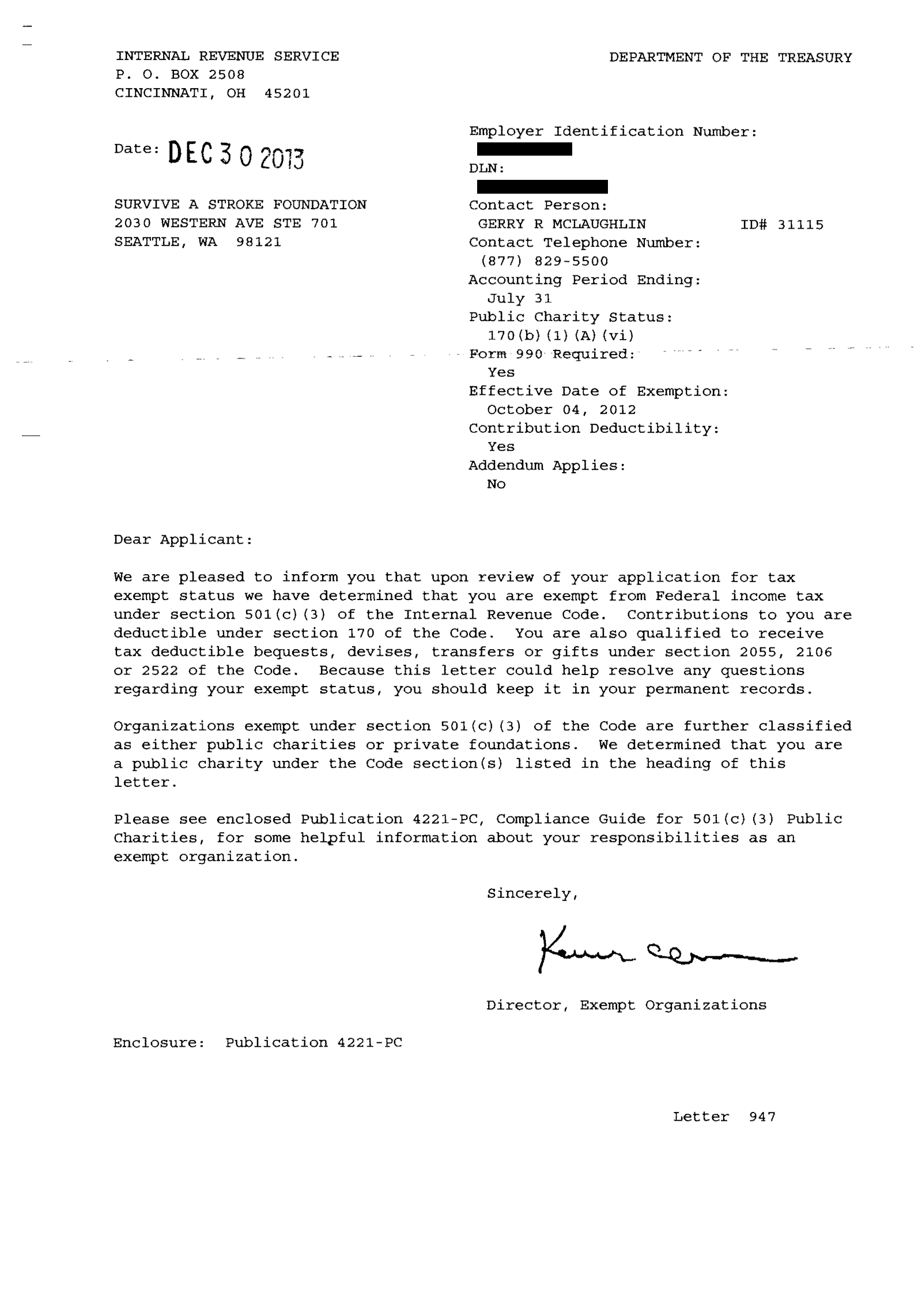 Survive a stroke tax exempt letter IRS
